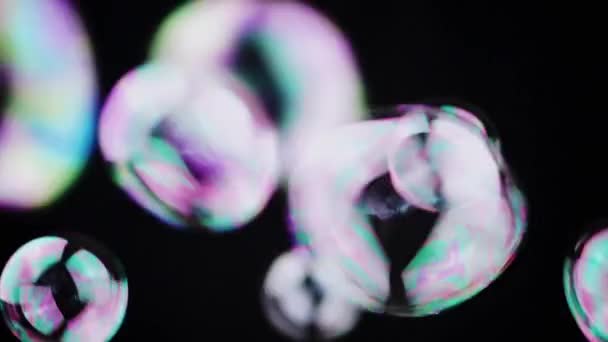 彩色的肥皂泡在一个空旷的空间中 在孤立的黑色背景下飞舞 许多彩虹透明气泡随机旋转 模糊的动议 有选择的重点 慢动作 — 图库视频影像