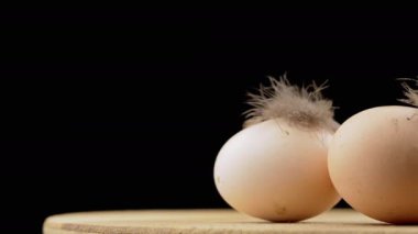Dönen Ahşap Masa 'da tüylü iki kahverengi tavuk yumurtası, Kara Arkaplan. Dön. Uzayı kopyala, ışık. Tüylü kirli yumurtalar. Eko ürünler. Protein. Çiftçilik. Bulanık hareket. Odaklan..