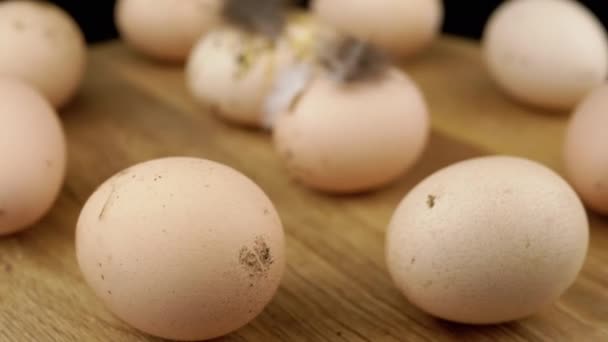 Spousta Hnědých Kuřecích Vajec Otočném Dřevěném Otočném Stole Černé Pozadí — Stock video