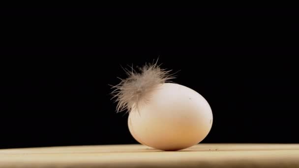 回転する木製の机の上に羽を持つ2つの茶色の鶏の卵 黒の背景 スピン コピースペース ライト 羽のついた汚い卵が動かない エコ製品 タンパク質 ぼやけた動きだ フォーカス — ストック動画