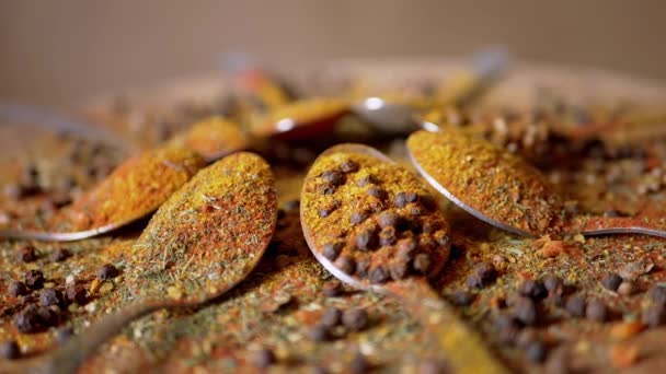 Cucchiai Con Spezie Indiane Ruotano Uno Sfondo Colorato Legno Chiudete — Video Stock