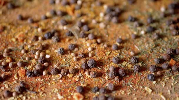 Dry Spices Falling Multicolored Wooden Background Indian Seasonings Grains Black — Stock Video