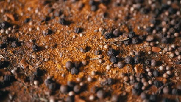 Scattered Various Multicolored Indian Dry Spices Rotating Wooden Background Allspice — Stock Video