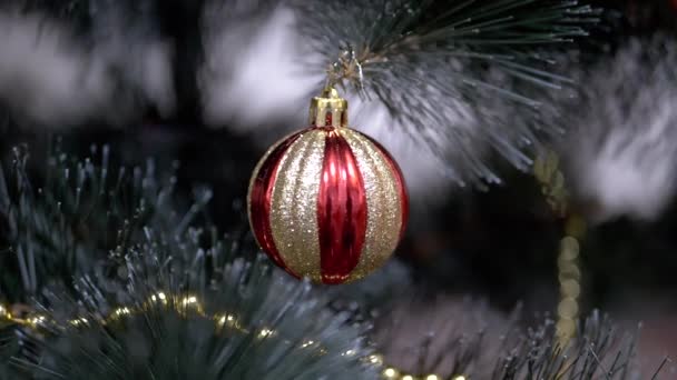 Golden Shiny Christmas Tree Ball Hanging Branch Blurred Background Close — Stock Video