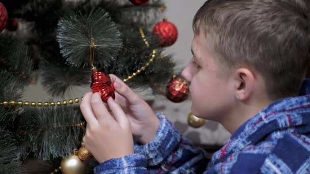 Sorrindo Boy Examines Nice Brilhante Pendurado Natal Tree Toys Árvore — Vídeo de Stock