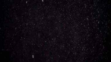 Yavaşça Düşen Toz Parçacıkları, Kar, Kara Arkaplan Üzerinde Tinsel Akıntısı. Beyaz toz ve pullar boşlukta karışıyor. Yıldız tozu. Gaz ve sis birikimi. Boşluk. Yavaş çekim.