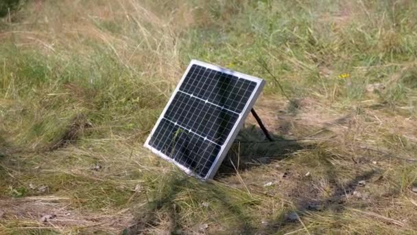 Een Kleine Draagbare Fotovoltaïsche Zonnepaneel Geïnstalleerd Gras Natuur Zwart Paneel — Stockvideo