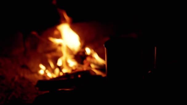 Gece Bulanık Kamp Ateşinin Arkaplanındaki Sıcak Bir Fincan Kahvenin Silueti — Stok video