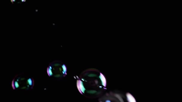 Coloridas Burbujas Jabón Vuelan Espacio Vacío Sobre Fondo Negro Aislado — Vídeos de Stock