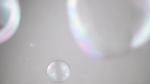 群彩缤纷的肥皂泡在空旷空间的灰色背景上移动 靠近点吹着又大又小的透明水球 模糊的运动 集中注意力 孤立无援铬键 — 图库视频影像