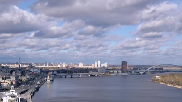 Panoramic View Kyiv Dnieper River Sleeping Areas Podolsky Bridge View — Stock Video