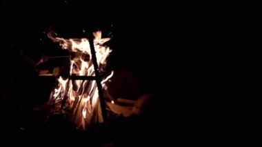 Bir grup insan, Gece Ormanı 'nda yanan ateşin yanındaki şişler üzerinde şekerleme kızartıyor. Karanlık arka plan. Turistler rahatlar, alevler içinde yemek pişirirler. Siluetler. Kamp ateşi açın. Uzayı kopyala Kamp, gezi.