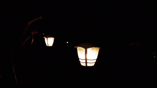 Dos Farolas Vintage Iluminan Patio Por Noche Desenfocando Concéntrate Copiar — Vídeo de stock