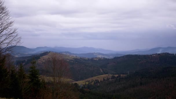 Panoramiczny Widok Zielone Karpaty Mglisty Dzień Zachmurzony Krajobraz Dolina Malowniczy — Wideo stockowe