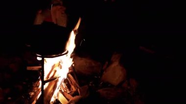 Bir grup insan, Gece Ormanı 'nda yanan ateşin yanındaki şişler üzerinde şekerleme kızartıyor. Karanlık arka plan. Turistler rahatlar, alevler içinde yemek pişirirler. Siluetler. Kamp ateşi açın. Uzayı kopyala Kamp, gezi.