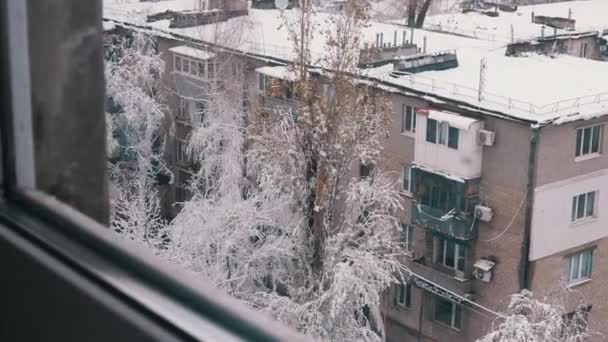 旧楼庭院中的冬季城市景观 窗户景观 顶部视图 雪落在多层楼房的屋顶上 树木被雪覆盖 多云的天气 — 图库视频影像