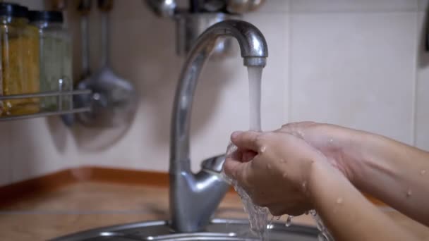 Woman Washes Hands Running Clean Water Jet Home Kitchen Close — Stock Video