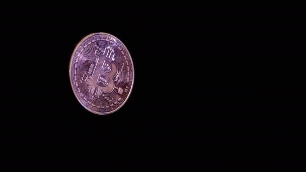 近距离 一个金币比特币硬币在一个黑色背景的空白空间飘浮 孤立无援比特币 加密货币 数字货币的虚拟符号 电子货币 外汇交易 — 图库视频影像