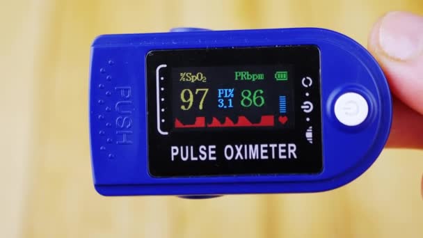 Woman Measures Pulse Oxygen Saturation Using Pulse Oximeter Home Inglés — Vídeos de Stock