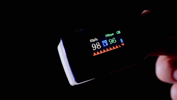 Woman Measures Pulse Oxygen Saturation Using Pulse Oximeter Home Inglés — Vídeo de stock