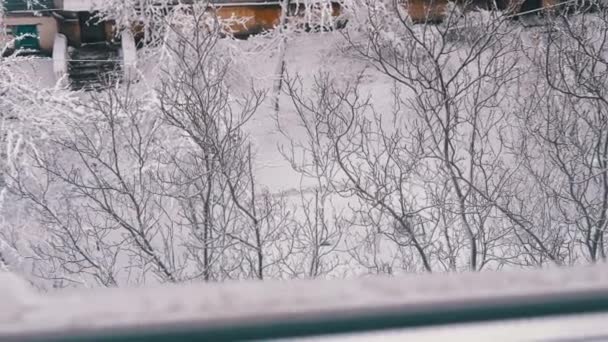 Fensterblick Winterstadtlandschaft Innenhof Alter Wohnhäuser Ansicht Von Oben Panorama Schnee — Stockvideo