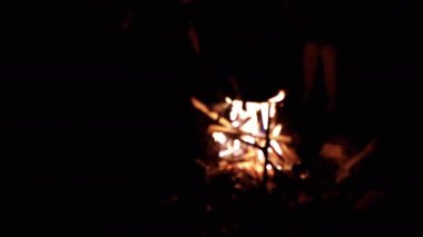 Bir grup insan, Gece Ormanı 'nda yanan ateşin yanındaki şişler üzerinde şekerleme kızartıyor. Karanlık, bulanık bir arkaplan. Turistler rahatlar ve yanan ateşin üzerinde yemek pişirirler. Kamp ateşi açın. Uzayı kopyala Kamp, gezi.