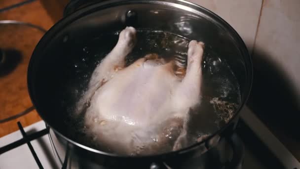 Cucinare Una Carcassa Pollo Intera Una Pentola Acqua Bollente Una — Video Stock
