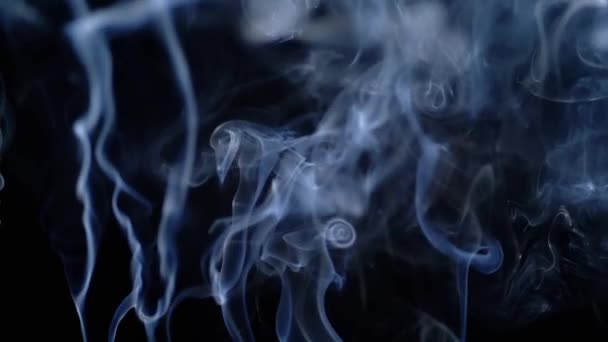 浓密的蓝烟卷起 在黑色背景上填满空旷的空间 香喷喷的抽象形状 美丽的烟云旋转着 飘着浓雾 飘着浓烟 模糊的动议 — 图库视频影像