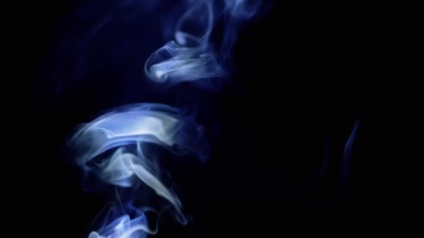 Dunne Krullen Blauwe Rook Rijzen Vullen Lege Ruimte Zwarte Achtergrond — Stockvideo