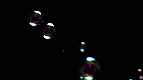 Coloridas Burbujas Jabón Vuelan Espacio Vacío Sobre Fondo Negro Aislado — Vídeos de Stock