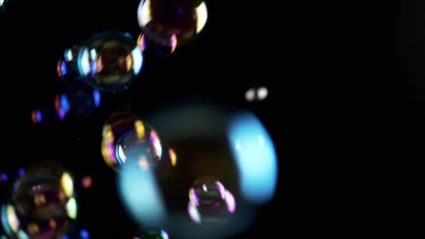 Colorful Soap Bubbles Fly Empty Space Isolated Black Background Colorful — Stock Video