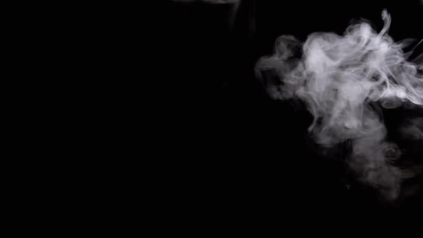 Foukání Měkký Tlustý Bílý Kouř Izolovaném Černém Pozadí Prsteny Stranu — Stock video