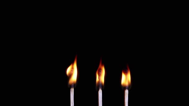 Tre Burning Matcher Med Ljus Låga Svart Bakgrund Tomma Rymden — Stockvideo