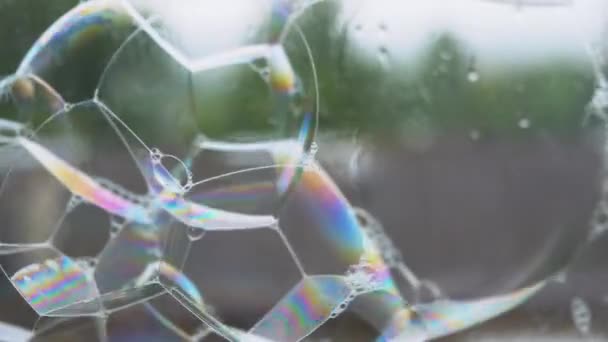 Много Липких Разноцветных Мыльных Пузырей Поверхности Влажного Дождливого Окна Выдувание — стоковое видео