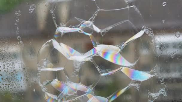 ぬれた雨の窓の表面の粘着性がある多色の石鹸の泡の多く ガラスの表面に泡が付いている石鹸の虹の泡を吹くこと テクスチャー 外では雨天 マクロ マクロ — ストック動画