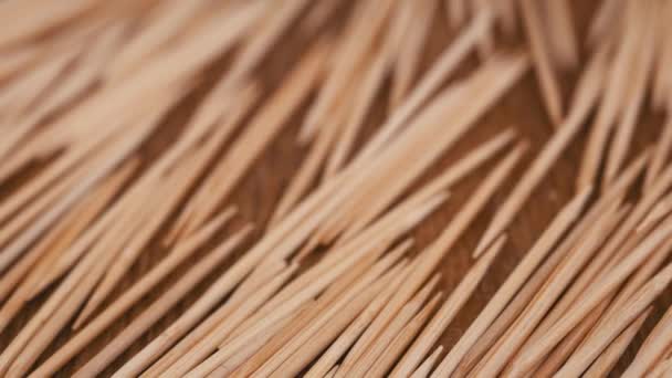 Lots Scattered Brown Toothpicks Rotate Wooden Background Close Top View — Stock Video