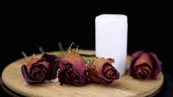 Burning White Candle Four Withered Dry Roses Вращаются Чёрном Фоне — стоковое видео
