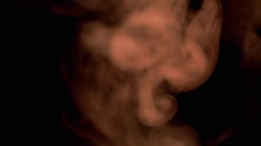 Portakal Dumanı Patlaması ya da Siyah Bulanık Arkaplanda Buhar. Soyut. Yan görüş. Yumuşak dumanlar ya da boş uzayda kaotik bir şekilde buhar karışımı. Parçacık patlaması, parlak ışık. Yavaş çekim.