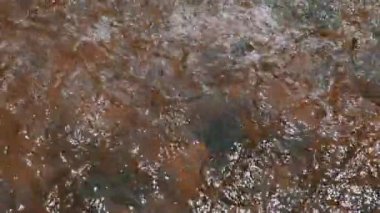 Sakin bir nehre su sıçrayan yavaş çekim dalgaları ve köpüklü damlacıklar yaratır. Temiz suyun üst görüntüsü sığ nehir yatağının dibindeki kayalara çarpıyor..