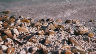 Sakin dalgalar Adriyatik kıyısında çakıl taşı ve taş plajı turluyor, sıcak güneş ışığıyla yıkanmış. Yaz tatili titreşimleri.