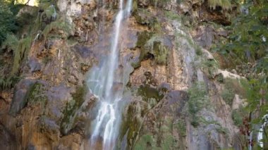 Sersemletici bir şelale yosun tutmuş bir yamaç yüzeyinden aşağı yuvarlanarak büyüleyici bir doğal manzara yaratıyor. Plitvice Gölleri Ulusal Parkı 'nın el değmemiş güzelliğini gözler önüne seren yemyeşil yeşillik çerçeveler..