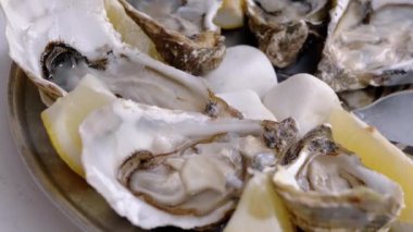 Limon dilimleri ve buzla servis edilen metal bir tabakta servis edilen taze, açık istiridyelerin detaylı bir yakın çekimi, tadını çıkarmaya hazır. En iyi deniz ürünleri..