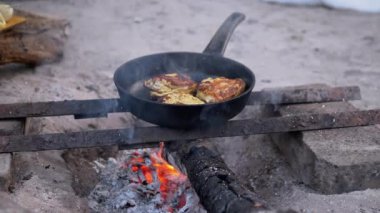 Kavrulmuş balık pirzolaları, metal bir ızgarada, yanan bir kamp ateşinin üstünde, basit, kırsal bir açık hava yemek sahnesi yaratarak, hayatta kalma, kamp ve basit yaşam temaları için idealdir..