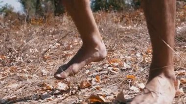Kuru çimenlerde çıplak ayakla yürüyen ve ormanda düşen sonbahar yaprakları. Doğayı kucaklamak, topraklamak, dünyayla bağlantı kurmak.