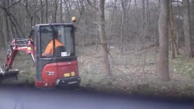 Yolun yakınındaki bir ormanda küçük kırmızı bir kazıcı çalışıyor. İnşaat, ormancılık ve peyzaj projeleri için ideal.