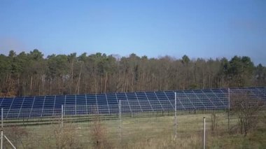 Saflar halinde uzanan güneş panelleri açık mavi gökyüzünün altındaki bir ormanın yanına uzanıyor. Yenilenebilir enerji, doğa ve teknoloji projeleri için ideal.