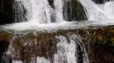 Görkemli şelaleler bereketli yeşilliklerle çevrili, görkemli doğaları ve sükuneti sergiliyorlar. Akan su damlaları. Yakın plan..