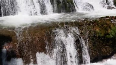 Sükuneti deneyimlemek ve kayalar ve yosunlar üzerinde akan suyun rahatlatıcı sesi günlük hayattan mükemmel bir kaçış. Akan su damlaları. Yakın plan..