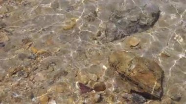 Sahildeki açık deniz suyunda kayaların ve kumların olduğu bir deniz yatağının sualtı sahnesi. Güneş parıltısı suyun yüzeyine yansıyor, dalgalar sallanıyor. Kumlu deniz tabanında ışık deseni. Özet, doku.