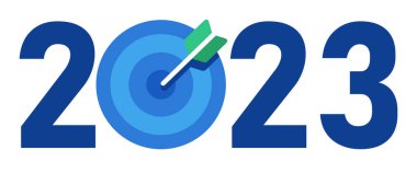 2023 yeni yıl hedef dartı. İş başarısı vektörünün ok sembolü.